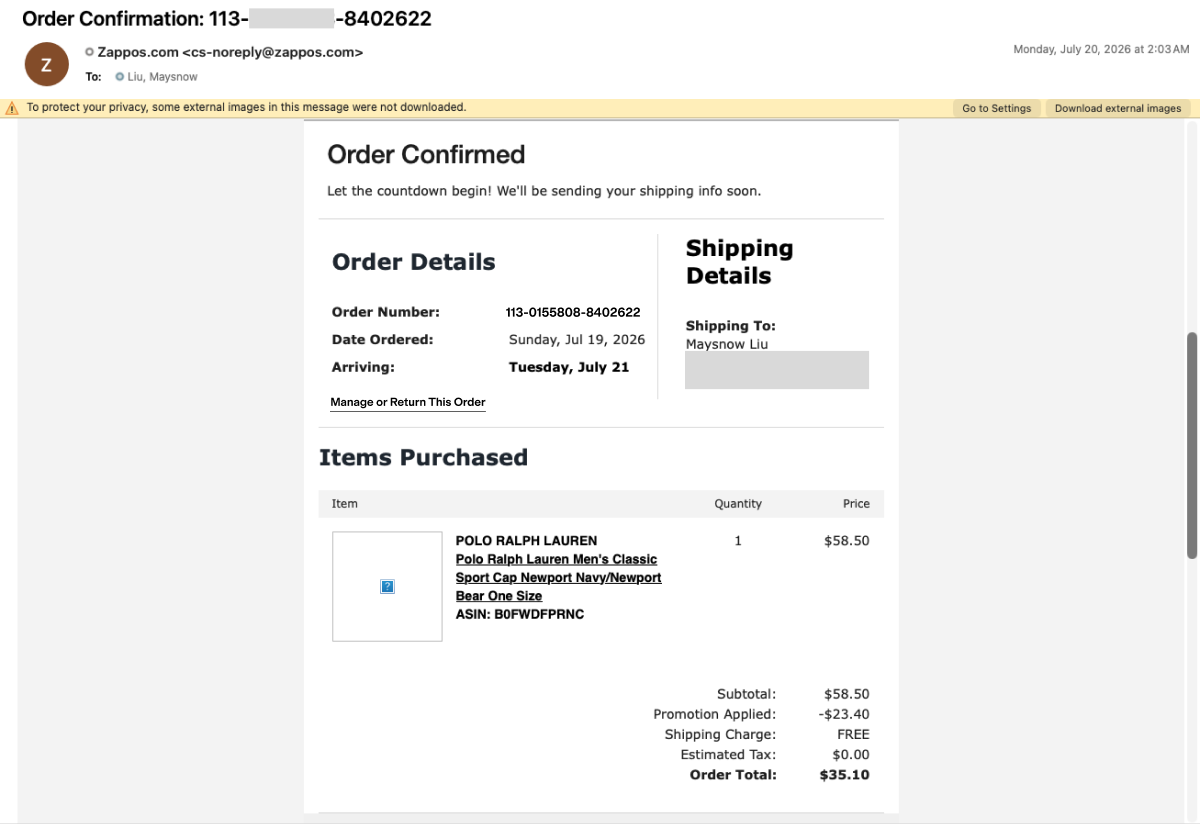 Proposed: order confirmation email with a labeled Manage or Return This Order link